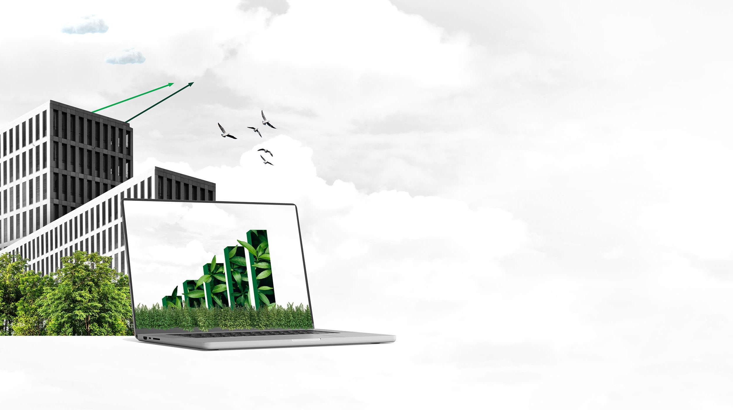 An illustration of a laptop showing green graphs on screen, an office block with green arrows and trees